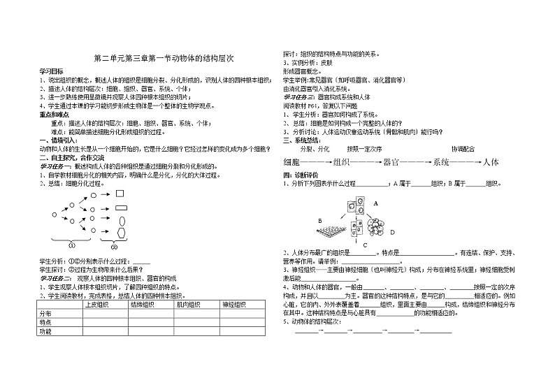 人教版 七年级上册 生物 第二单元 第二章 2.2动物体的结构层次 导学案01