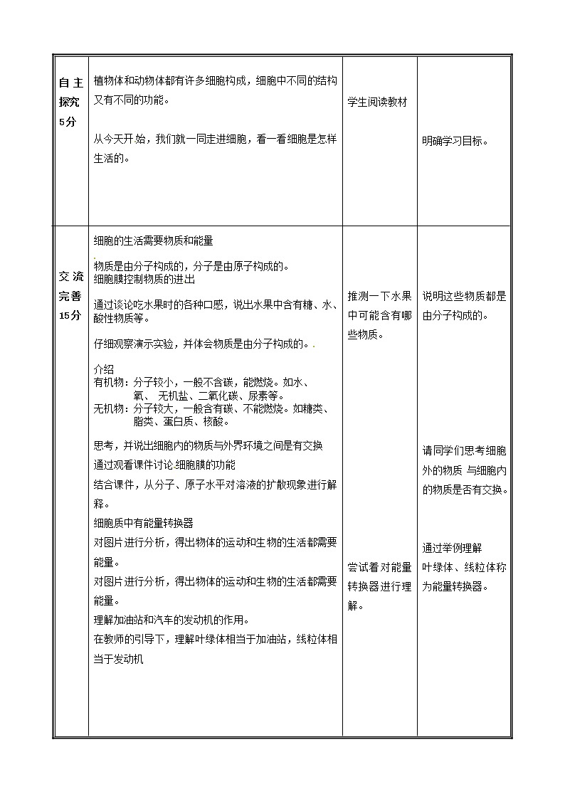 人教版（新课标）七年级生物上册：2.1.4 细胞的生活-教案（1）第2页
