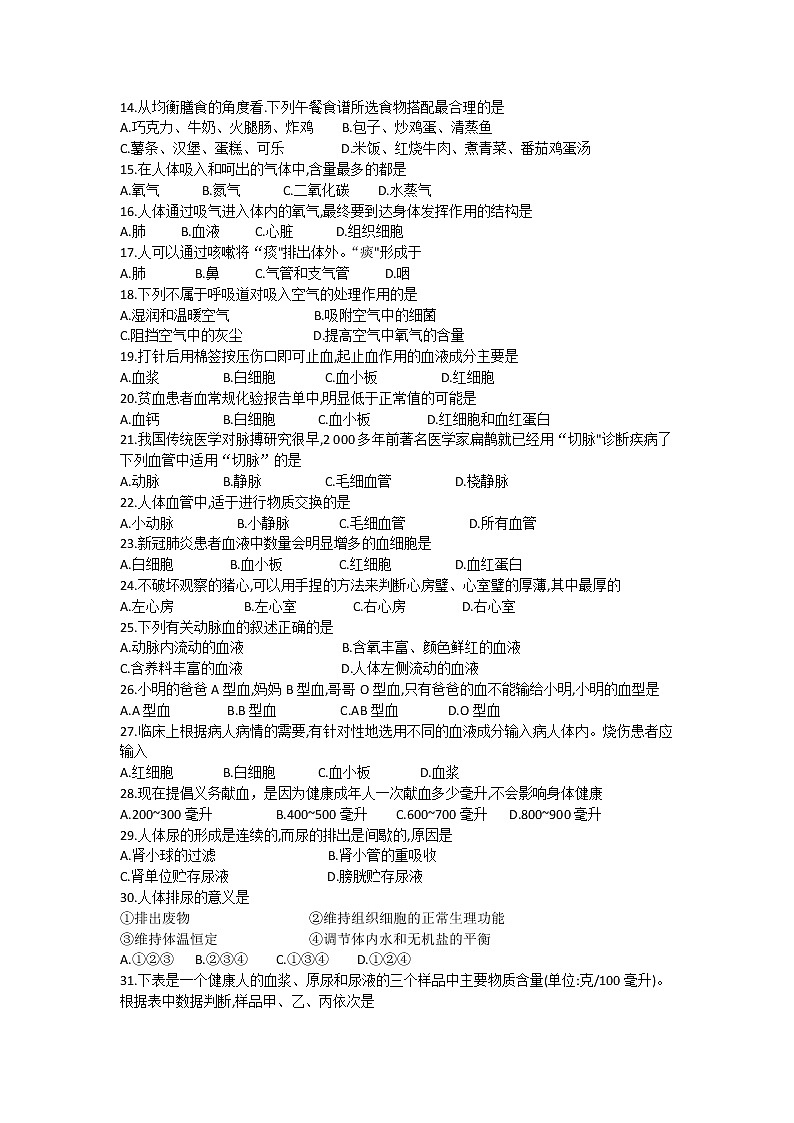 黑龙江省抚远市2020-2021学年七年级下学期期末考试生物试题(word版含答案)02