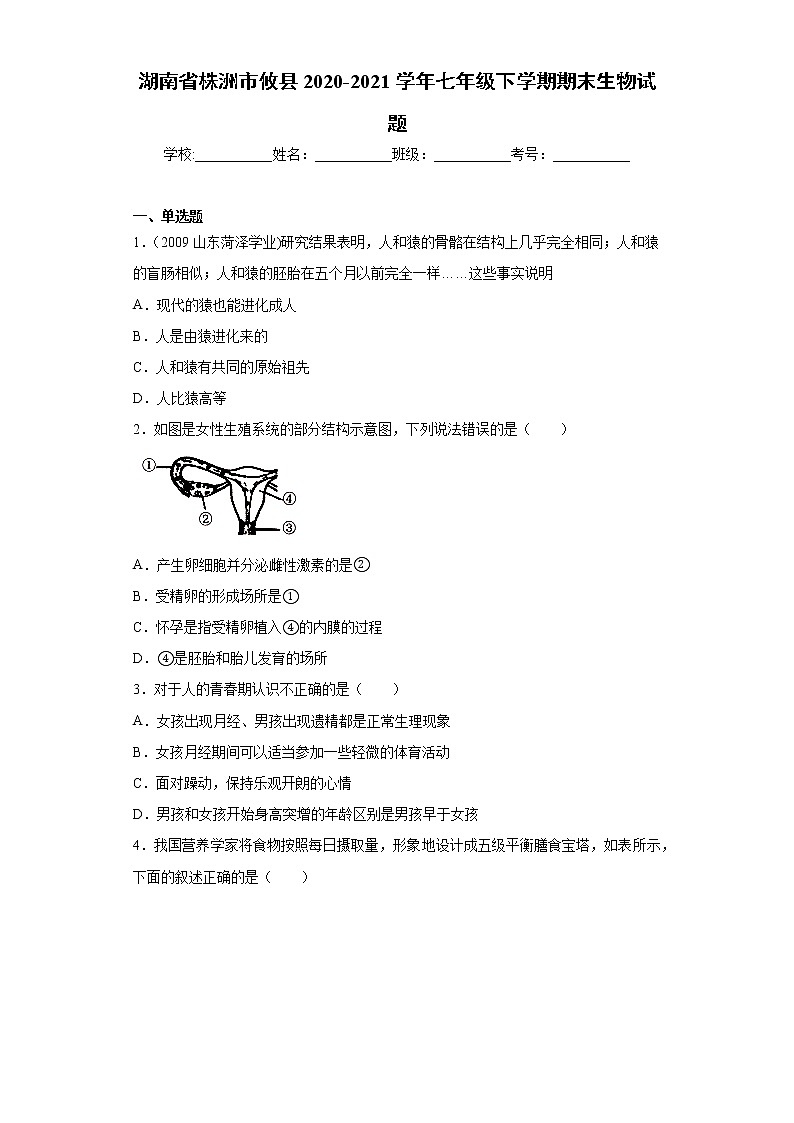 湖南省株洲市攸县2020-2021学年七年级下学期期末生物试题（word版 含答案）第1页