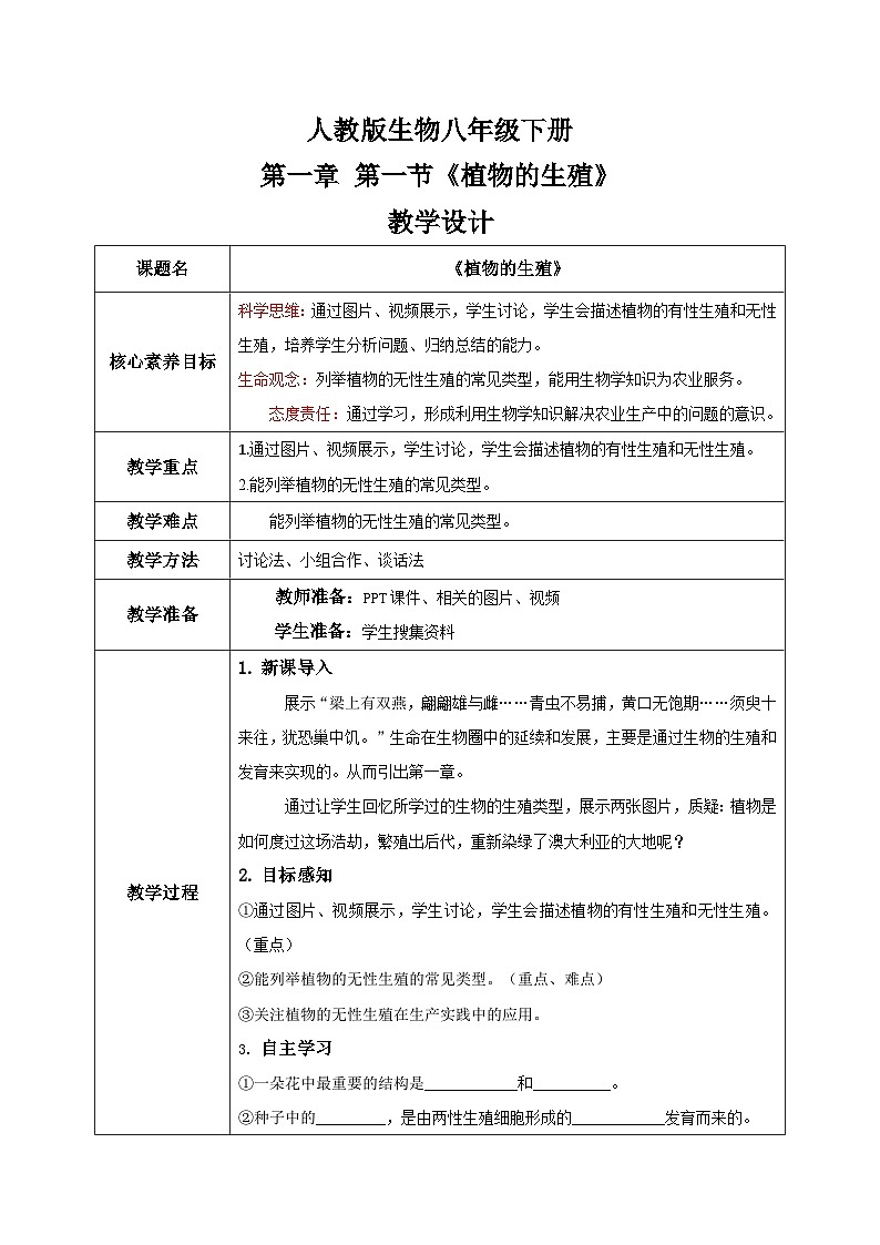 【核心素养目标】人教版初中生物八年级下册7.1.1《植物的生殖》课件+视频+教学设计+同步分层练习（含答案）01