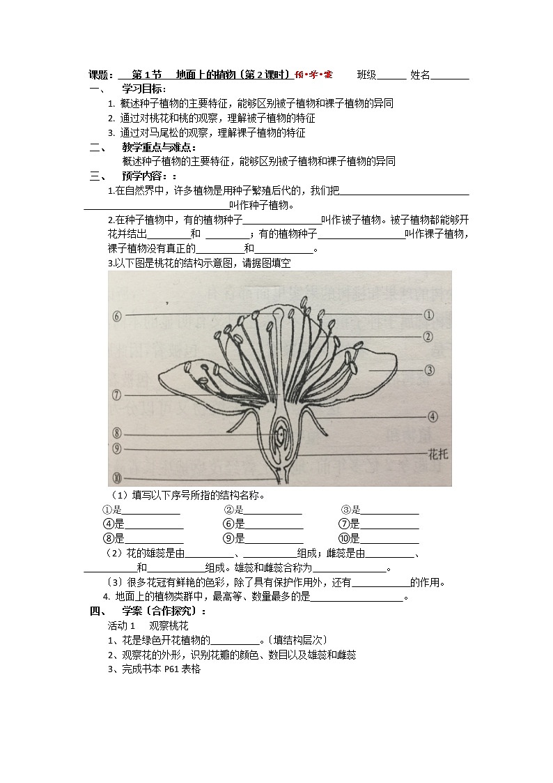苏科版生物七年级下册 5.11.1 地面上的植物 导学案第1页