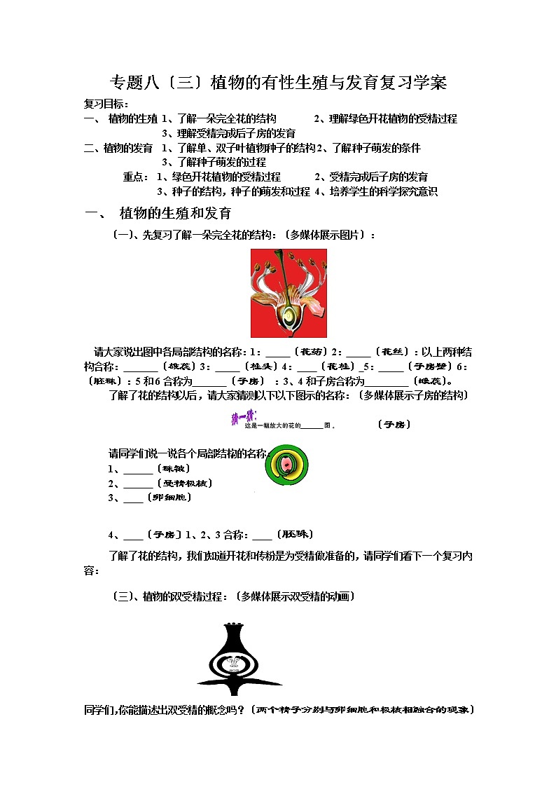苏科版生物复习课：专题八  植物的有性生殖与发育  学案01