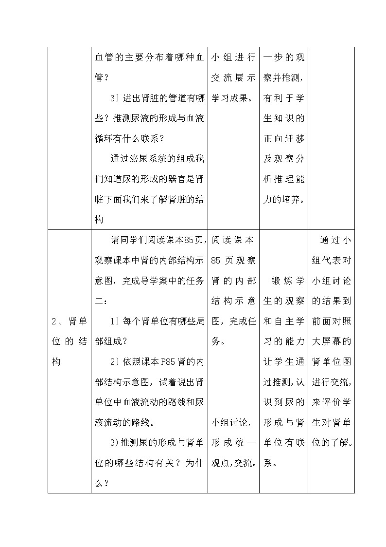 鲁科版（五四学制）生物七年级上册 4.5.1尿的形成和排出教学设计第2页