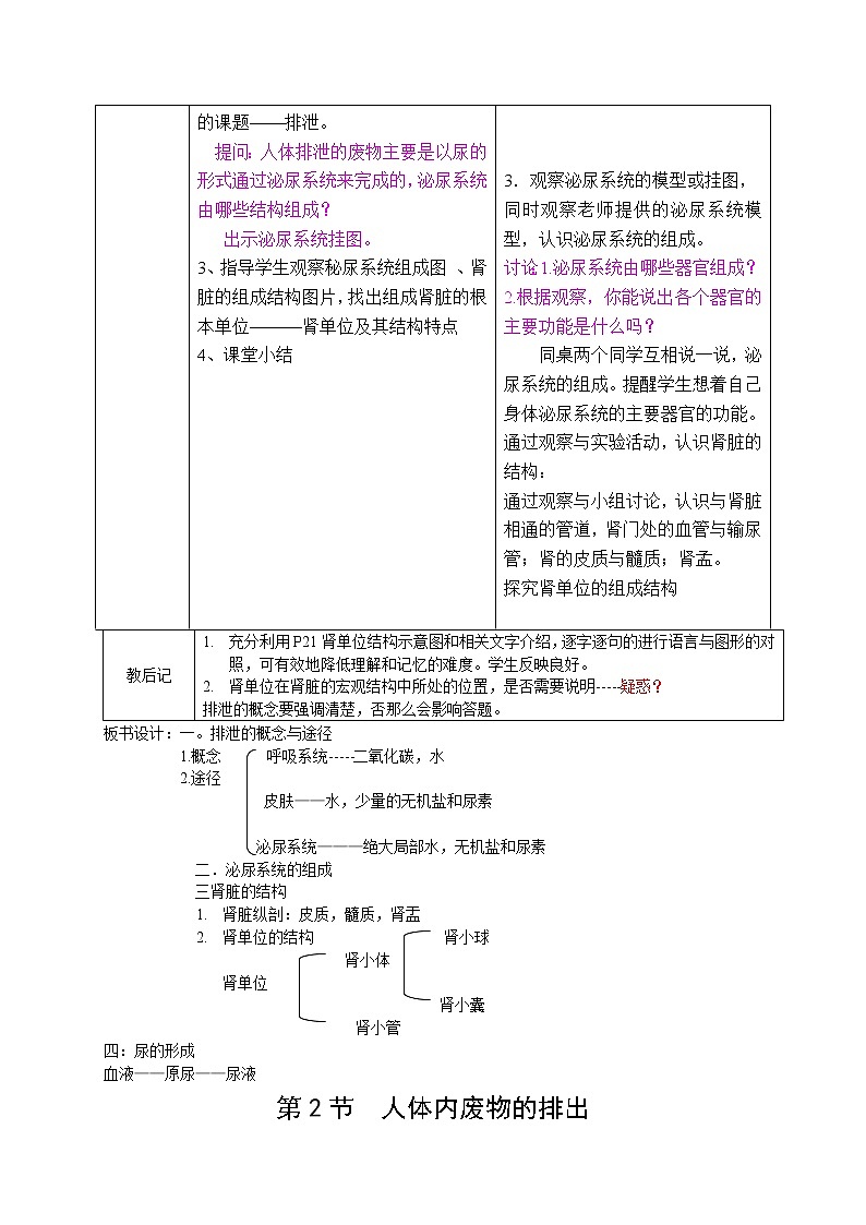 苏科版生物八年级上册 5.2 人体内废物的排出（第1课时) 学案02