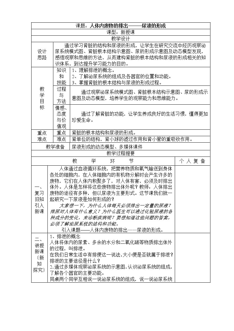 苏科版生物八年级上册 5.2 人体内废物的排出------尿液的形成 学案第1页