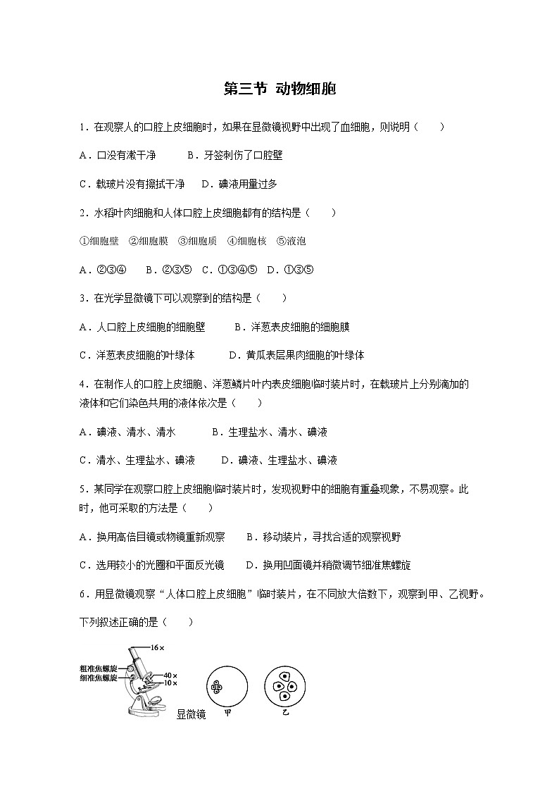 2021年初中生物人教版七年级上册  2.1.3  动物细胞   同步习题第1页