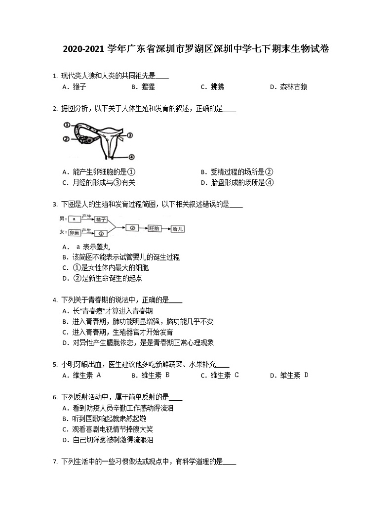 2020-2021学年广东省深圳市罗湖区深圳中学七下期末生物试卷01