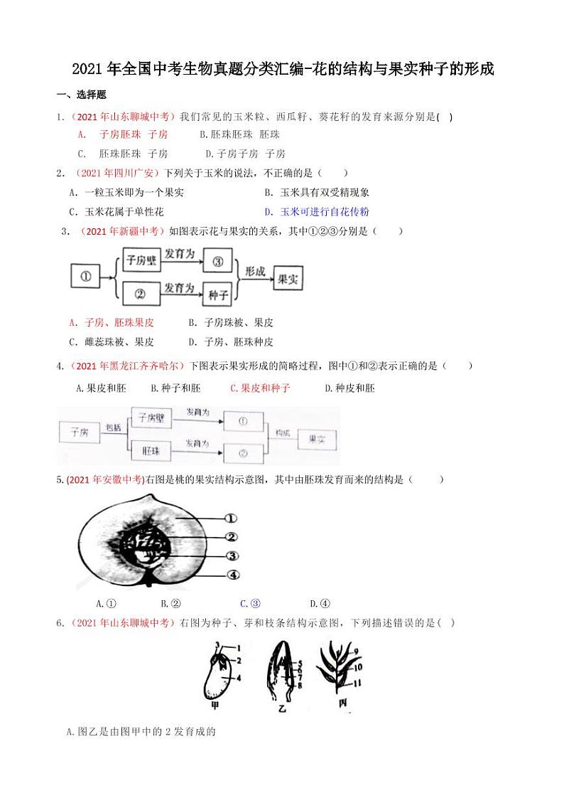 2021年全国中考生物真题分类汇编：花的结构与果实种子的形成专项复习解析版第1页