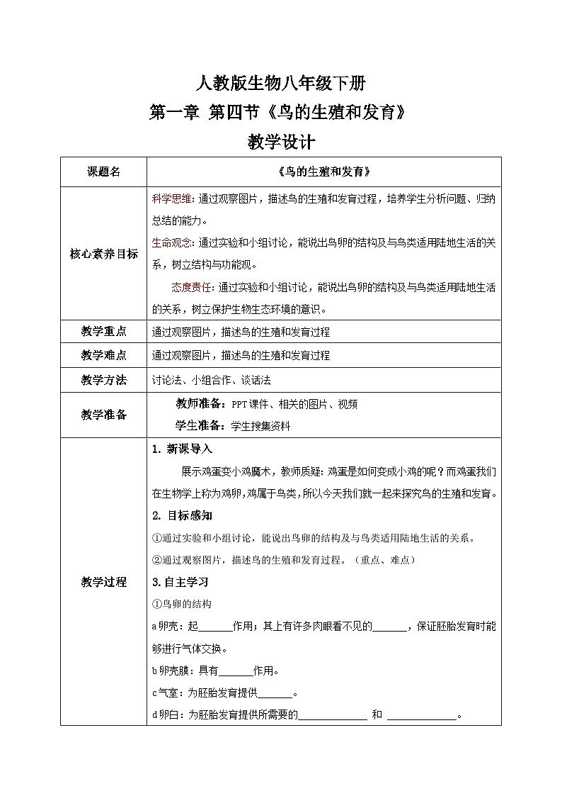 【核心素养目标】人教版初中生物八年级下册7.1.4《鸟的生殖和发育》课件+视频+教学设计+同步分层练习（含答案）01