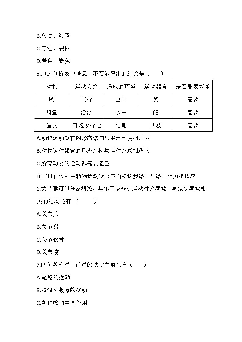 第15章 动物的运动 测试卷 2021--2022学年北师大版八年级上册生物(word版含答案)第2页