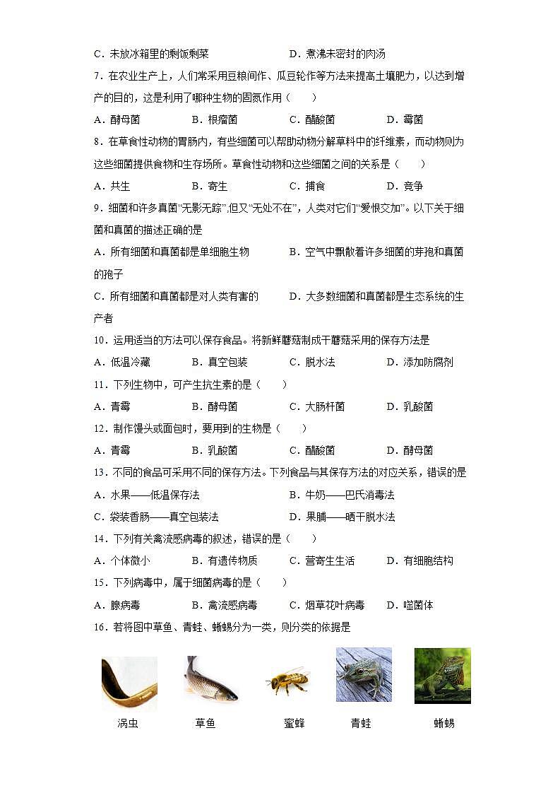 吉林省四平市铁西区2020-2021学年八年级上学期期末生物试题(word版含答案)第2页