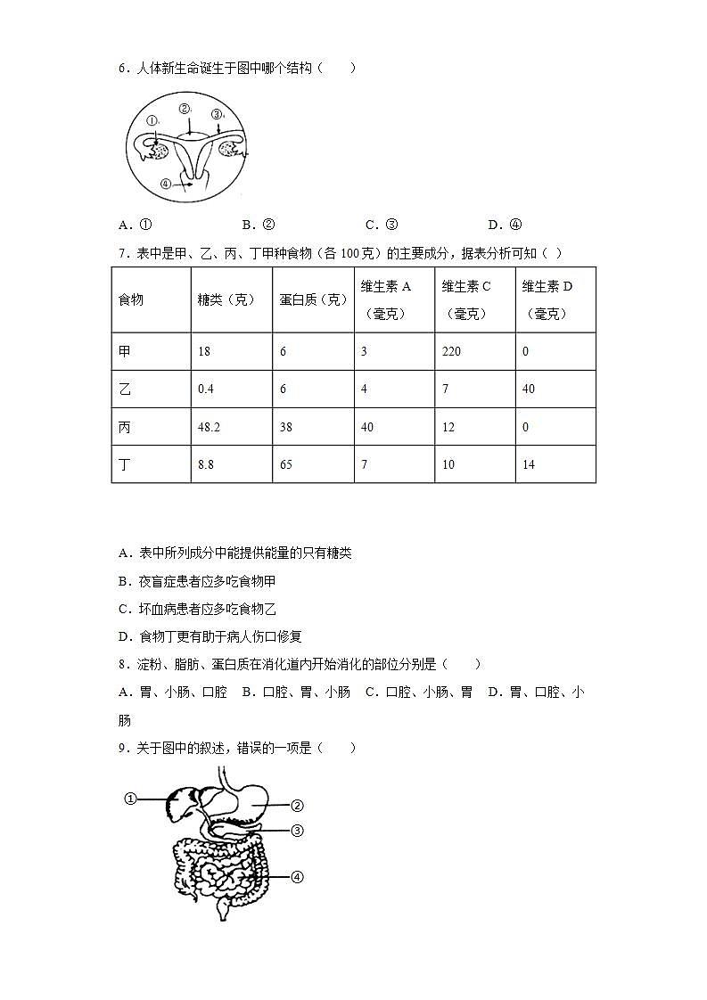 湖南省株洲市天元区2020-2021学年七年级下学期期末生物试题(word版含答案)02