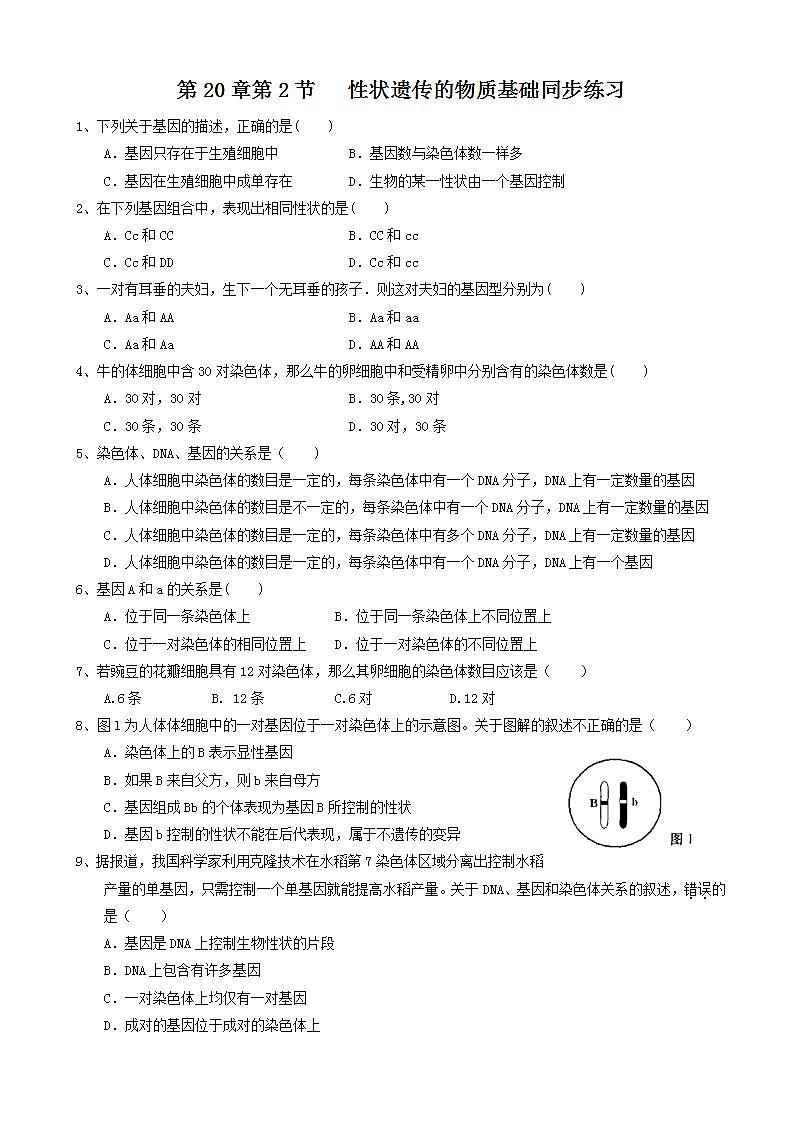 北师大版生物八年级上册《性状遗传的物质基础》练习题01