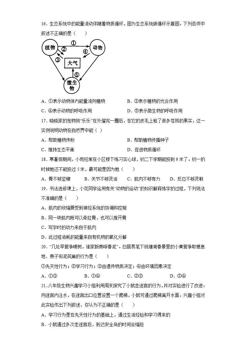 湖南省长沙市2020-2021学年八年级上学期期末生物试题(word版含答案)第3页