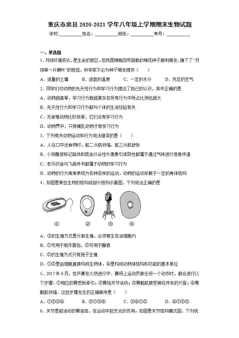 重庆市忠县2020-2021学年八年级上学期期末生物试题(word版含答案)01