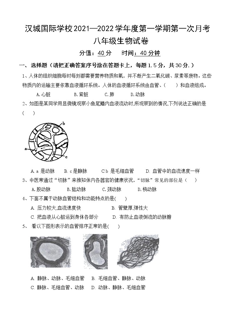 江苏省徐州市沛县汉城国际学校2021-2022学年八年级上学期第一次月考生物试题第1页