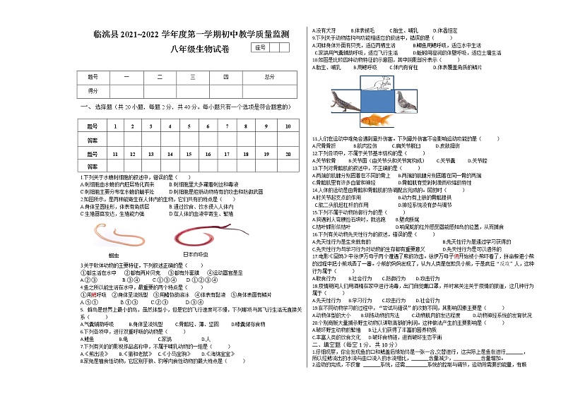 甘肃省临洮县2021-2022学年八年级上学期期中考试生物试题（word版含答案）01