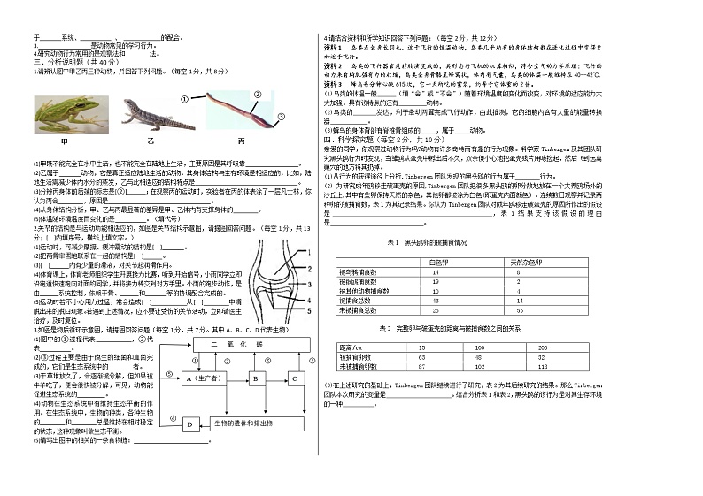 甘肃省临洮县2021-2022学年八年级上学期期中考试生物试题（word版含答案）02
