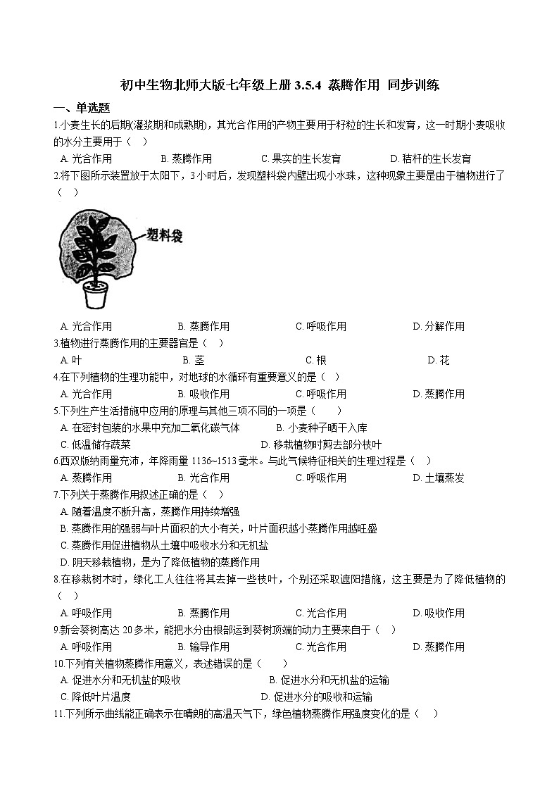北师大生物七年级上册3.5.4 蒸腾作用 同步训练（含解析）01