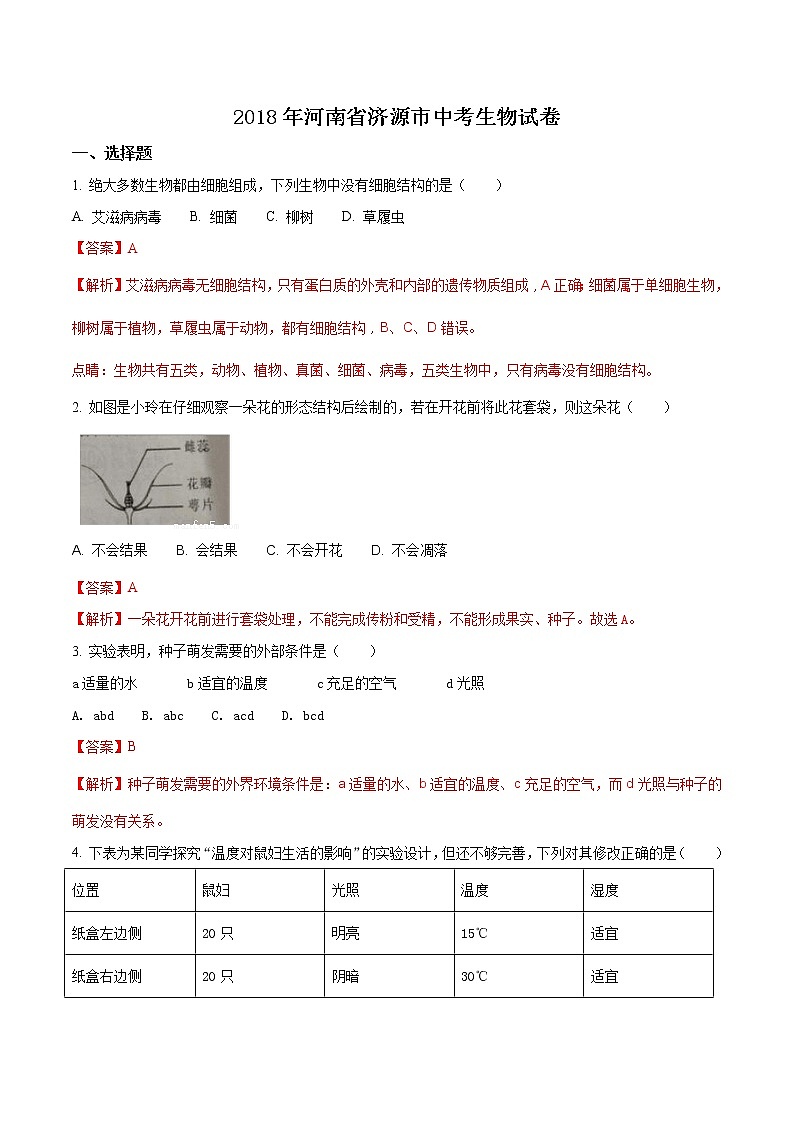 河南省济源市2018年中考生物试题（解析版）01