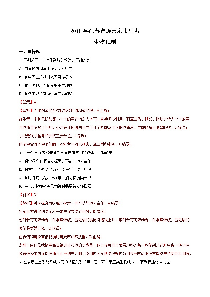 2018年连云港市中考生物试题（含解析）01
