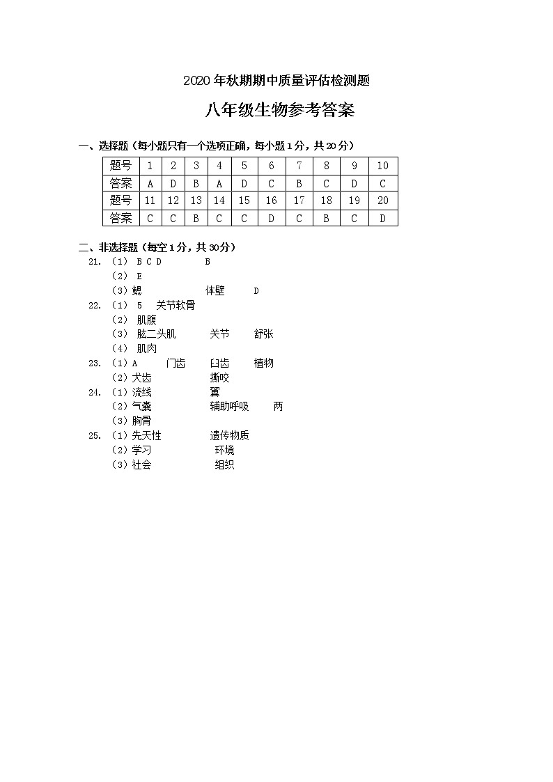 宛城区2020年秋季初二生物期中试卷答案第1页