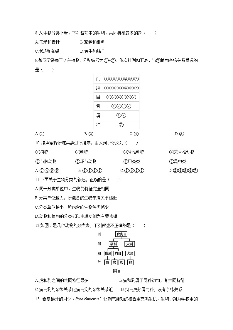 2021-2022 初中生物人教版八年级上册6.1.2　从种到界练习题02