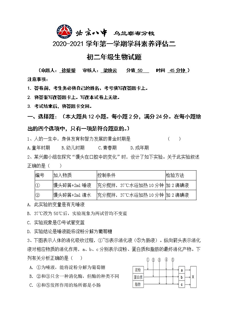 内蒙古北京八中乌兰察布分校2020-2021学年八年级上学期期中（学科素养评估二）考试生物试题第1页