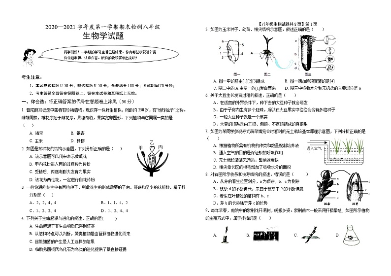 山东省德州市德城区2020-2021学年八年级上学期期末考试生物试题01