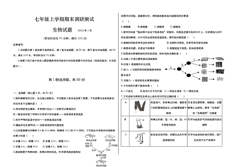 山东省德州市庆云县2020-2021学年七年级上学期期末考试生物试题01