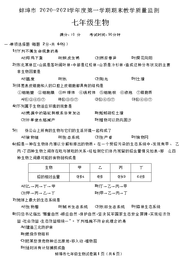 安徽省蚌埠市2020-2021 学年上学期期末教学质量监测七年级生物试卷（Word版，有答案）01