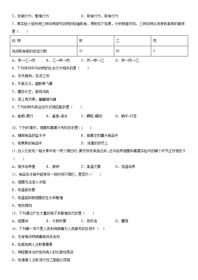 2019-2020学年八年级上学期河南省驻马店市上蔡县期末生物试题（学生卷）第2页