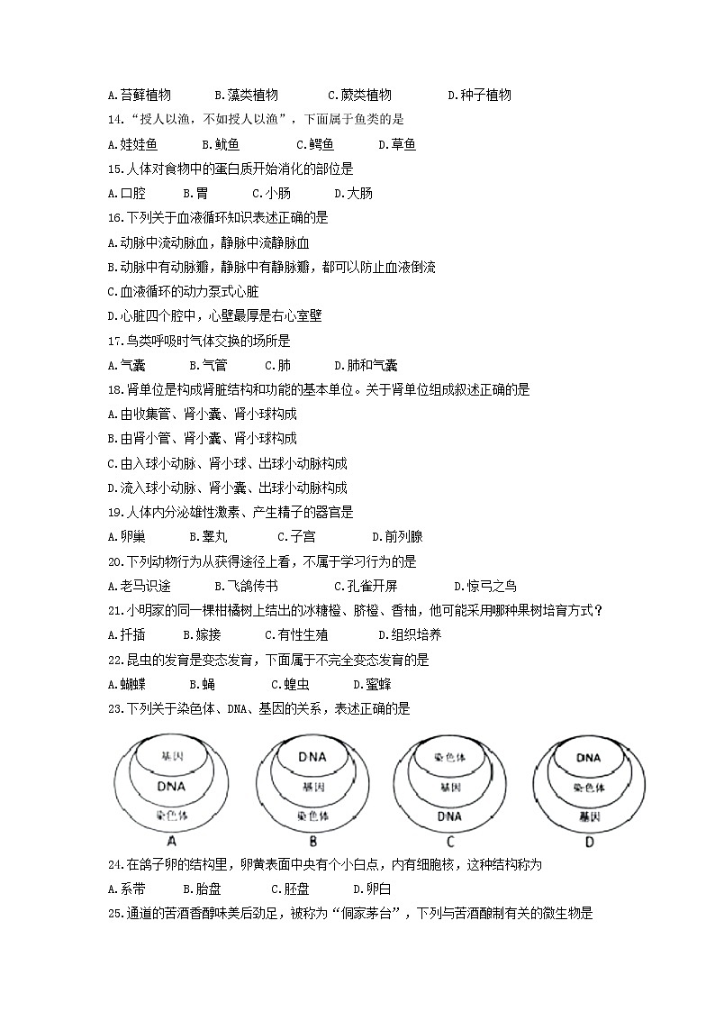 2017湖南怀化中考生物试卷及答案第2页