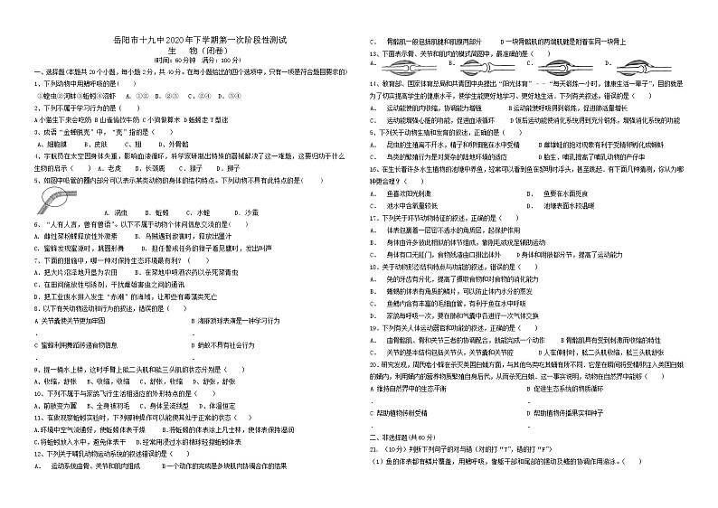 湖南省岳阳市第十九学2020-2021学年八年级上学期第一次阶段性测试生物试题01
