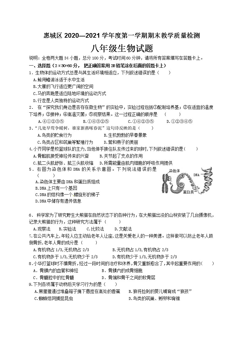 广东省惠州市惠城区2020-2021学年八年级上学期期末考试生物试题01