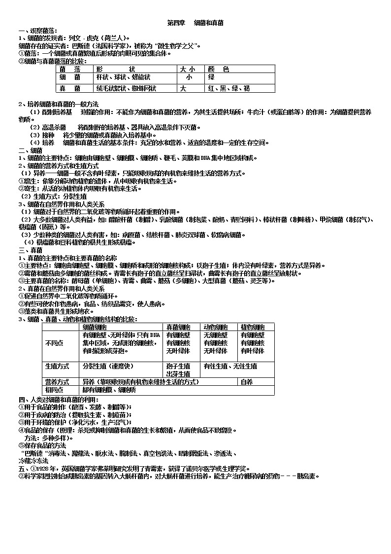 八上生物第五单元：第四章 细菌和真菌 知识点归纳第1页
