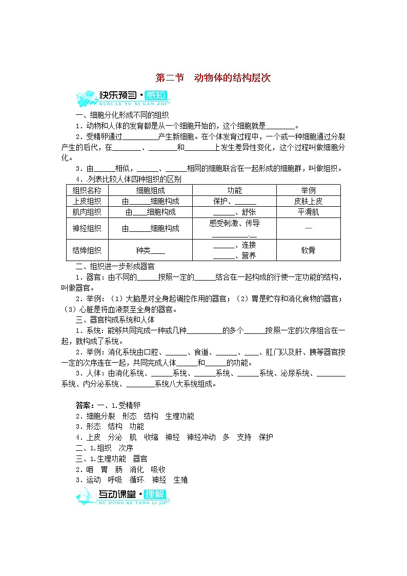 新人教版七年级上册：2.2.2《动物体的结构层次》练习及答案第1页