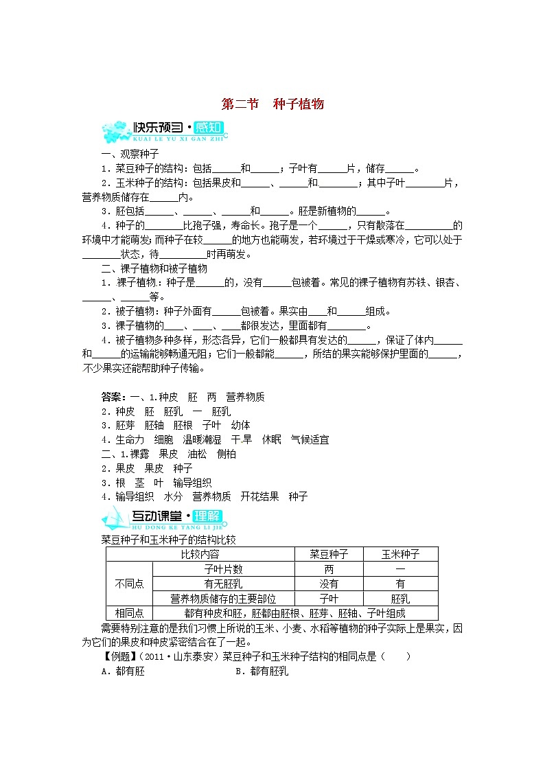 新人教版七年级上册：3.1.2《种子植物》练习及答案01