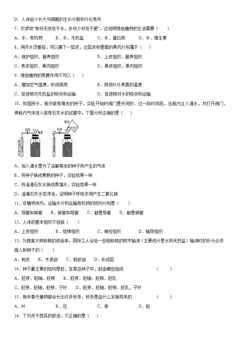 2019-2020学年七年级上学期安徽省阜阳市临泉县期末生物试题（原卷）第2页