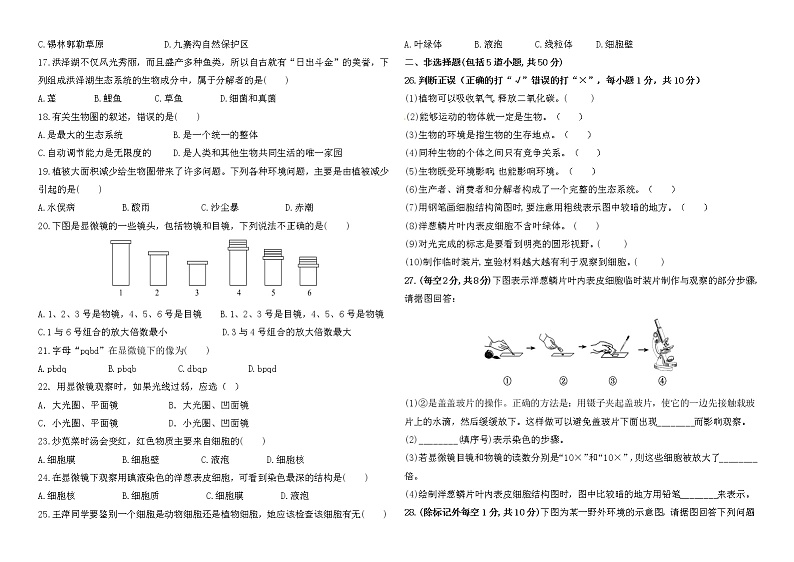 甘肃省庆阳市2021-2022学年七年级上学期期中考试生物试题（word版 含答案）02