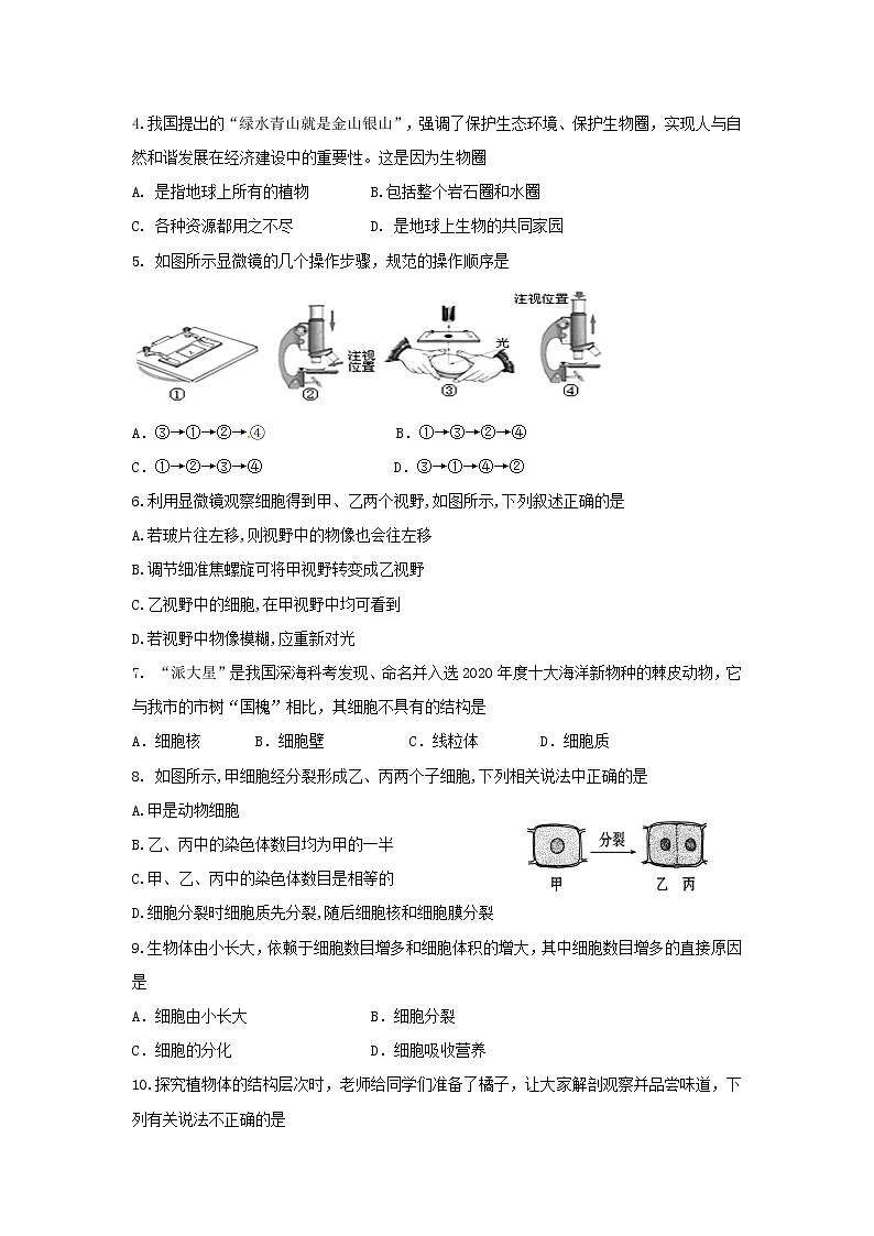 山东省济宁市梁山县2021-2022学年七年级上学期期中考试生物试题（word版 含答案）第2页