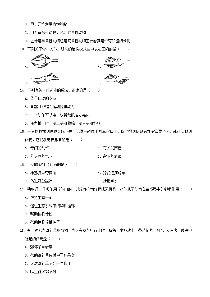 吉林省磐石市2021-2022 学年八年级上学期期中教学检测生物试题（word版 含答案）第3页