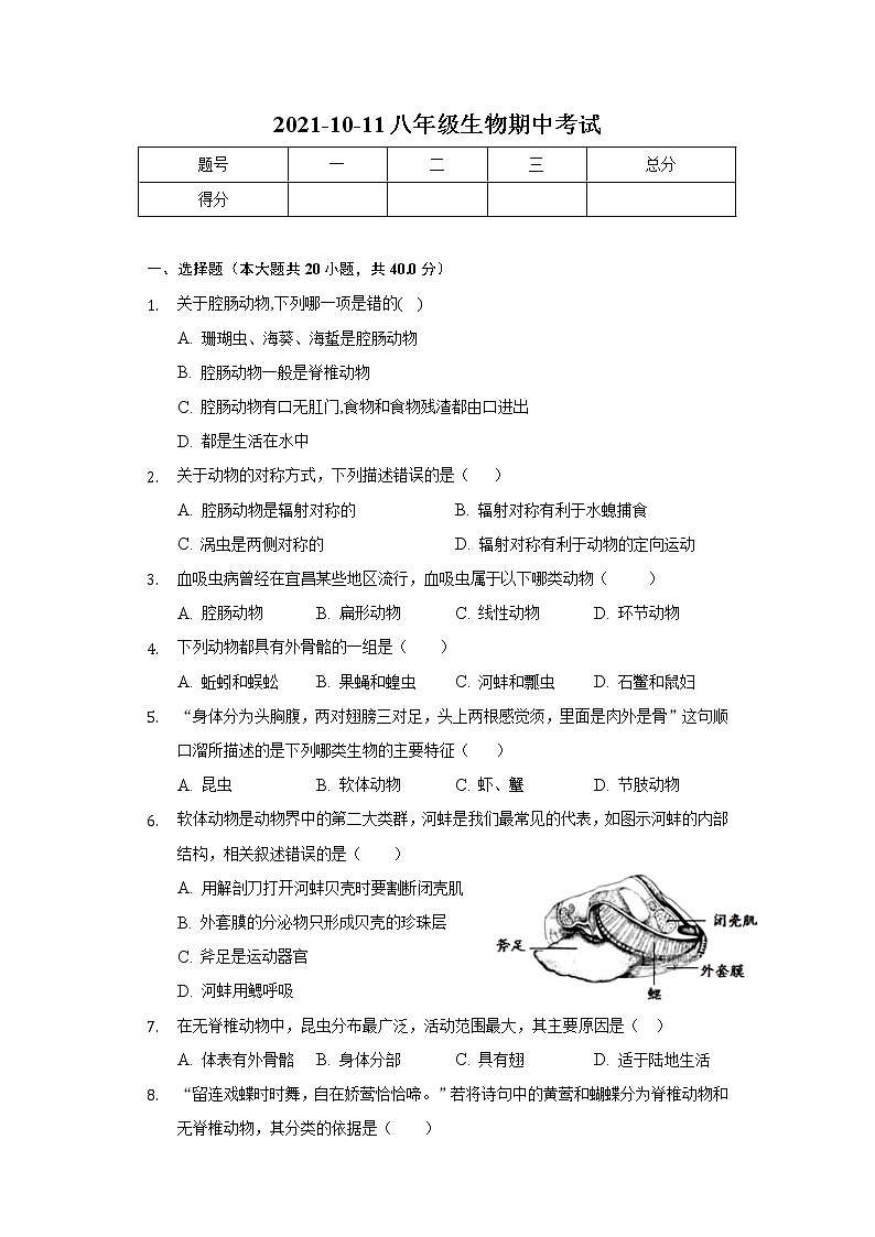 湖北省宜昌市第五中学2021-2022学年八年级上学期期中检测生物试题（word版 含答案）第1页
