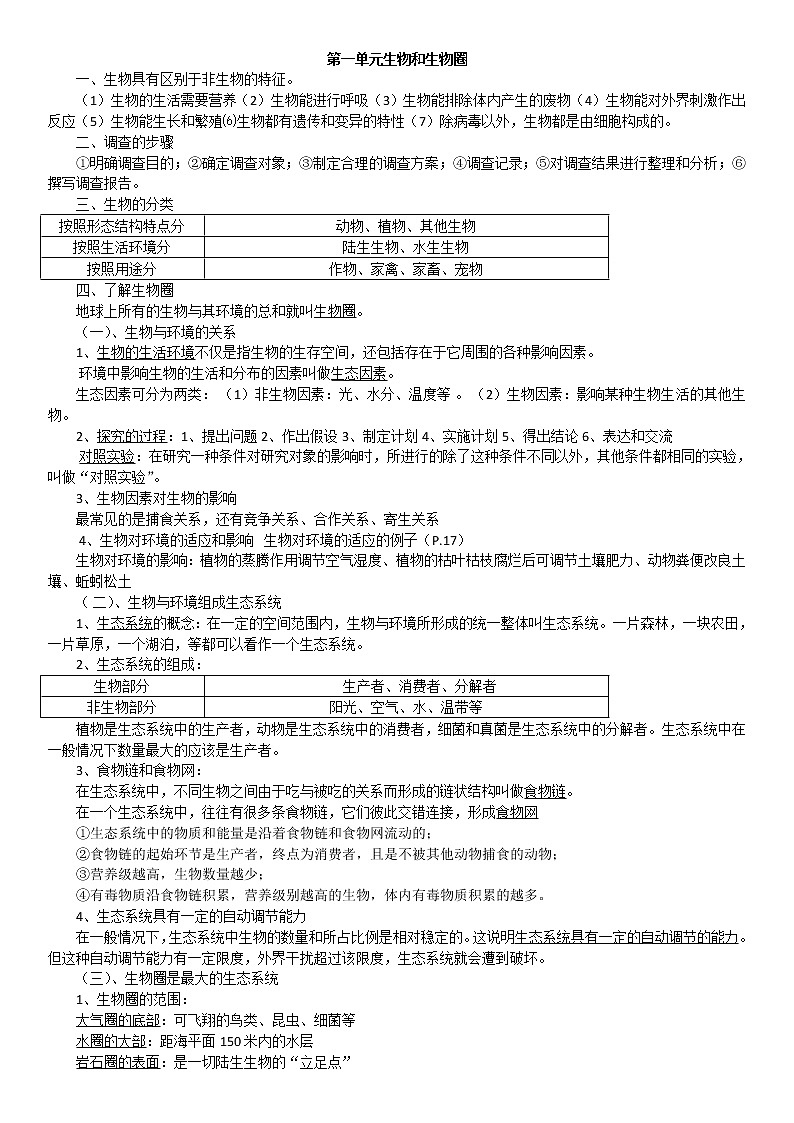 人教版七年级生物上册知识点总结01