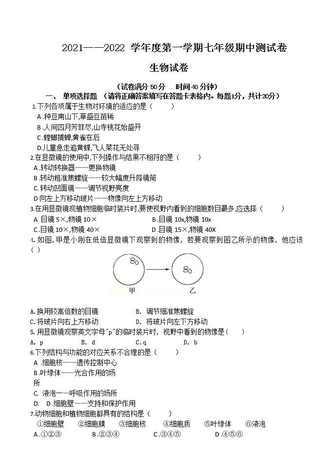 辽宁省朝阳市第七中学2021-2022学年上学期七年级期中考试生物【试卷+答案】01