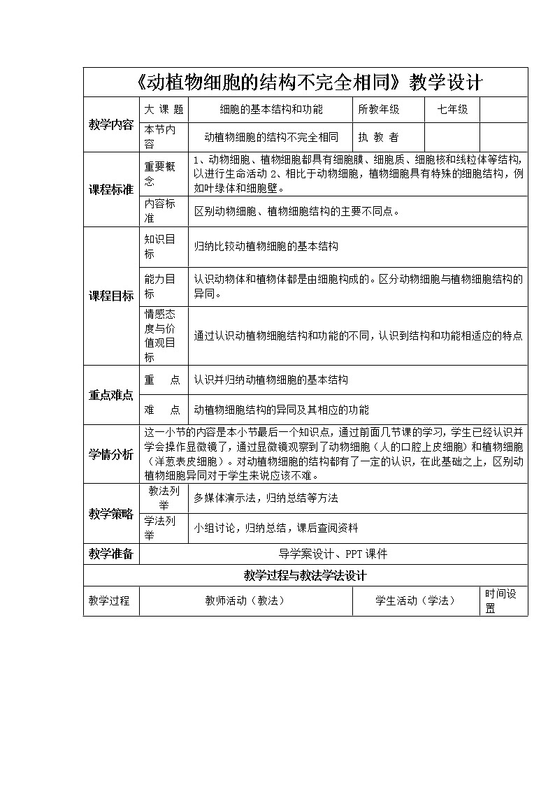北师大版生物七年级上册 3.1 细胞的基本结构和功能（教案）01