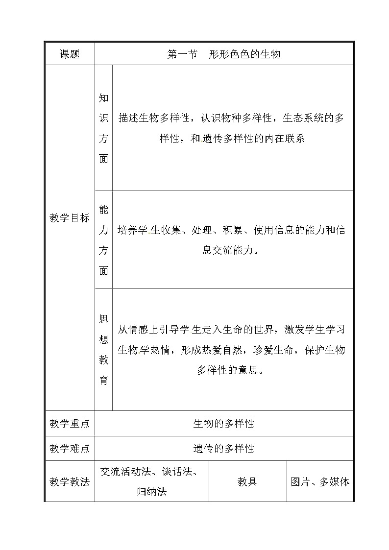 北师大版生物七年级上册 1.1  形形色色的生物(1)（教案）01