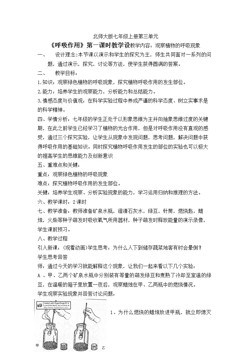 北师大版生物七年级上册 5.2 呼吸作用》（教案）01