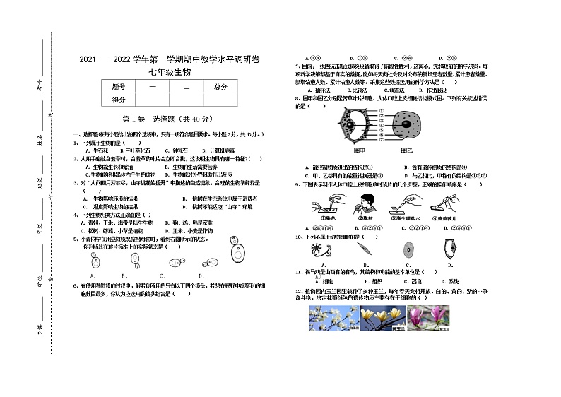 山西省晋中市祁县、灵石县2021-2022学年七年级上学期期中考试生物试题（word版 含答案）01